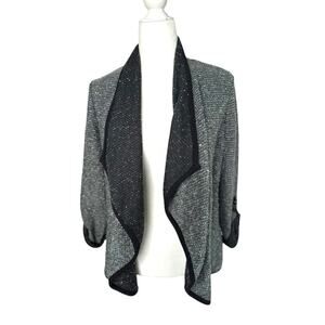 NY Collection Open Front Cardigan Jacket Petite Large PL Roll Tab Sleeve Grey